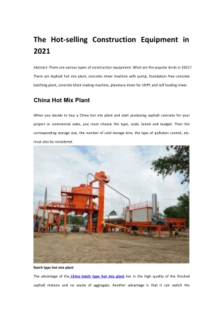 The Hot-selling Construction Equipment in 2021