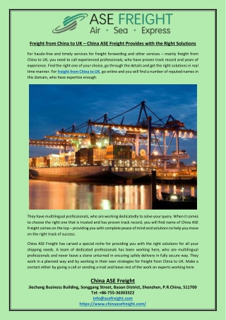 Freight from China to UK – China ASE Freight Provides with the Right Solutions