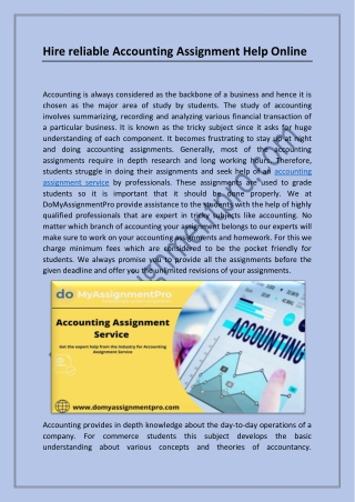 Get the expert help from the Industry for Accounting Assignment Service