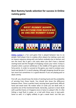 Best Rummy hands selection for success in Online rummy
