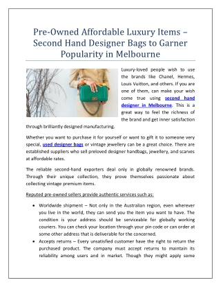 Pre-Owned Affordable Luxury Items – Second Hand Designer Bags to Garner Popularity in Melbourne