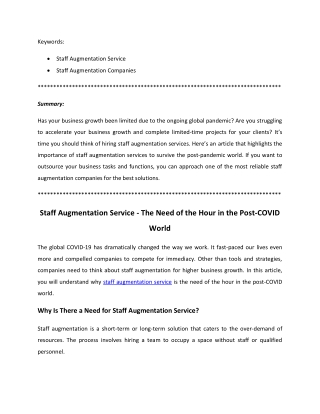 Staff Augmentation Service - The Need of the Hour in the Post-COVID World