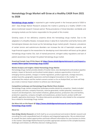 Hematology Drugs Market will Grow at a Healthy CAGR from 2021 to 2028