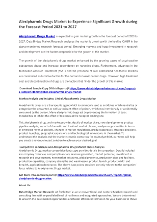 Alexipharmic Drugs Market to Experience Significant Growth during the Forecast Period 2021 to 2027