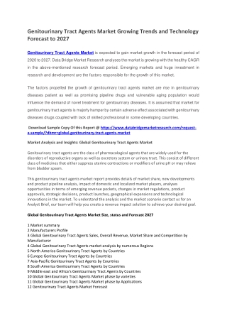 Genitourinary Tract Agents Market Growing Trends and Technology Forecast to 2027