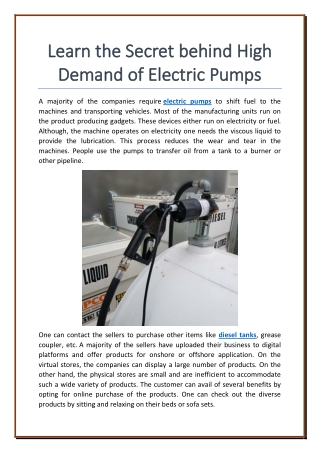 Learn the Secret behind High Demand of Electric Pumps