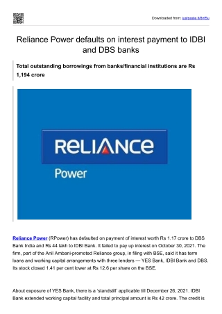 Reliance Power defaults on interest payment to IDBI and DBS banks