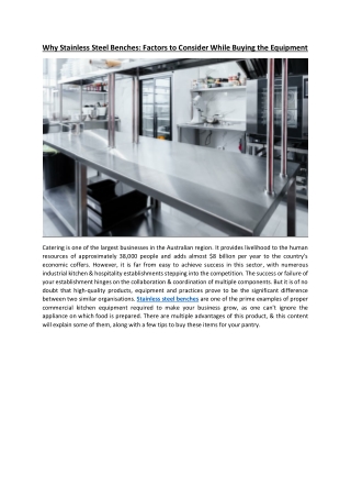 Why Stainless Steel Benches Factors to Consider While Buying the Equipment