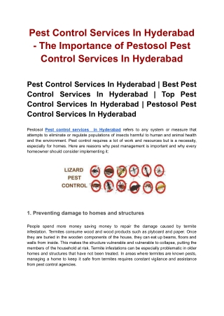 Pest Control Services In Hyderabad - The Importance of Pestosol Pest Control Services In Hyderabad