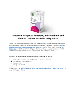 Tenofovir disoproxil fumarate, emtricitabine, and efavirenz tablets in Myanmar