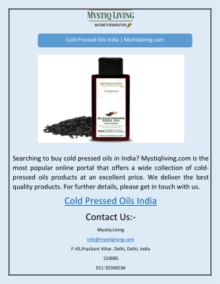 Cold Pressed Oils India | Mystiqliving.com