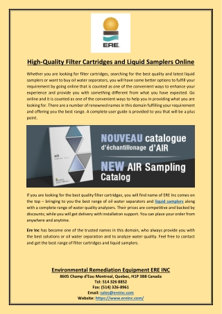 High Quality Filter Cartridges and Liquid Samplers Online