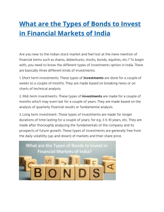 What are the Types of Bonds to Invest in Financial Markets of India