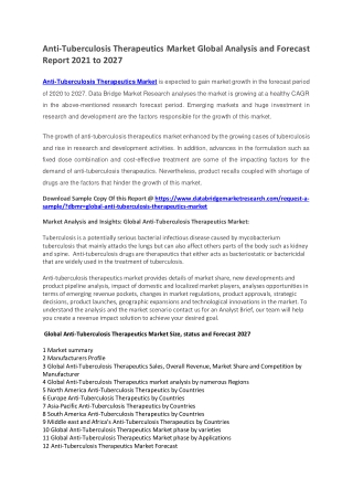 Anti-Tuberculosis Therapeutics Market Global Analysis and Forecast Report 2021 to 2027