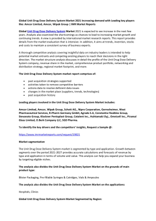 Global Unit Drug Dose Delivery System Market 2021-2027