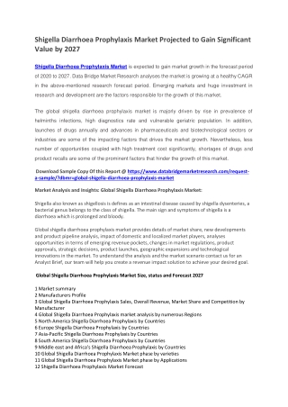 Shigella Diarrhoea Prophylaxis Market Projected to Gain Significant Value by 2027