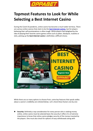 Topmost Features to Look for While Selecting a Best Internet Casino