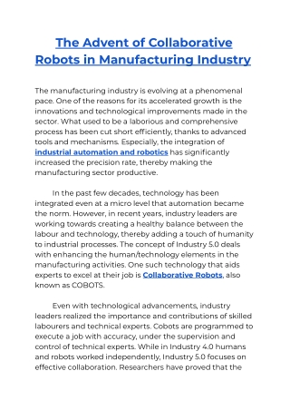 The Advent of Collaborative Robots in Manufacturing Industry