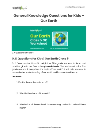 G.K Questions for Class 5 Chapter Our Earth : Questions Answers