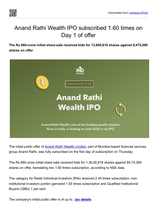 Anand Rathi Wealth IPO subscribed 1.60 times on Day 1 of offer