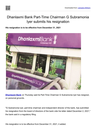 Dhanlaxmi Bank Part-Time Chairman G Subramonia Iyer submits his resignation