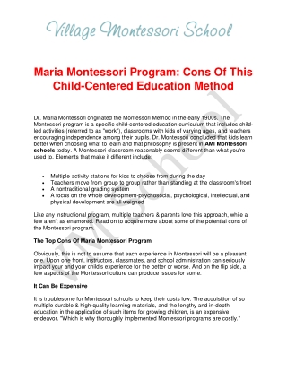 Maria Montessori Program - The Child-Centered Education Method