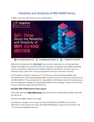 Reliability and Simplicity of IBM AS400 iSeries