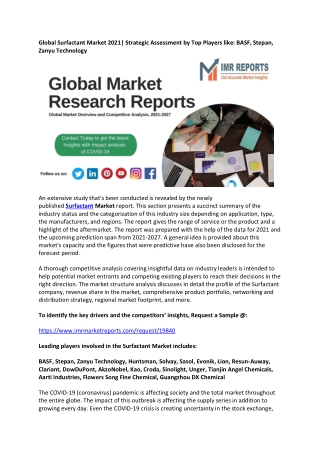 Global Surfactant Market 2021| Strategic Assessment by Top Players like: BASF