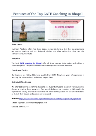 Features of the Top GATE Coaching in Bhopal