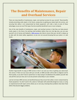 The Benefits of Maintenance, Repair and Overhaul Services