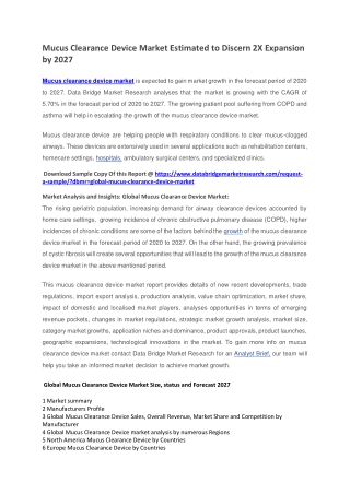 Mucus Clearance Device Market Estimated to Discern 2X Expansion by 2027