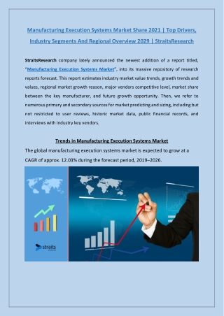 Manufacturing Execution Systems Market Growth 2021 | StraitsResearch