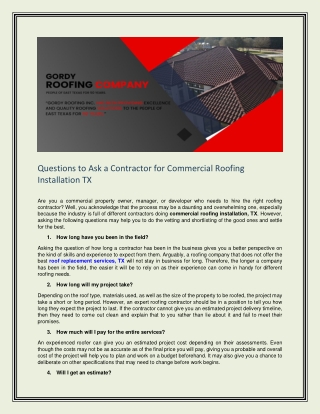 Questions to Ask a Contractor for Commercial Roofing Installation TX