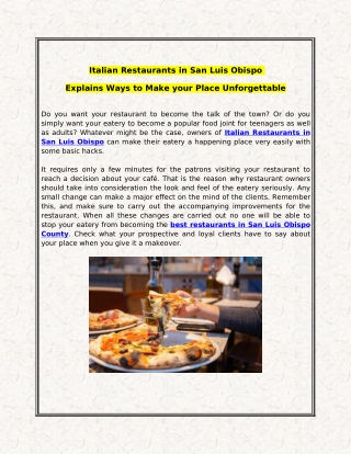 Italian Restaurants in San Luis Obispo  Explains Ways to Make your Place Unforge
