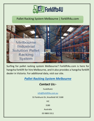 Pallet Racking System Melbourne | forklift4u.com