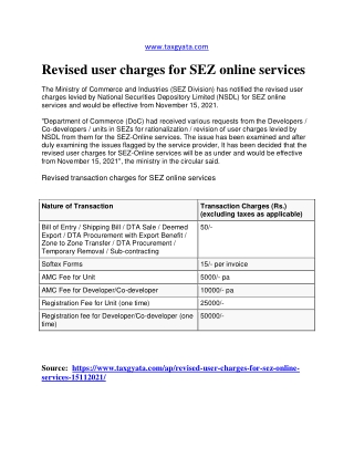 Revised user charges for SEZ online services - TaxGyata