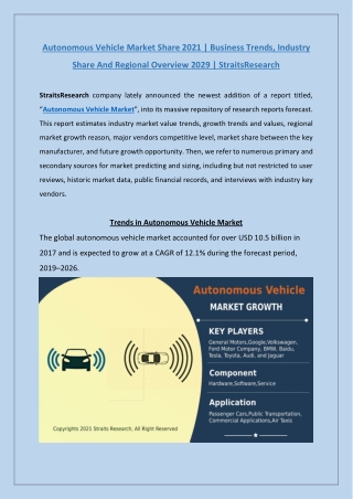 Autonomous Vehicle Market Growth 2021 | StraitsResearch