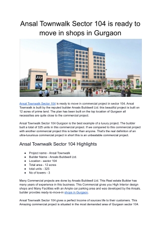 Ansal Townwalk Sector 104 is ready to move in shops in Gurgaon