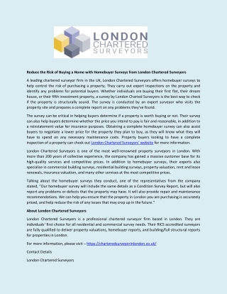Reduce the Risk of Buying a Home with Homebuyer Surveys from London Chartered Surveyors