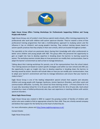 Eagle House Group Offers Training Workshops for Professionals Supporting Children and Young People with Autism
