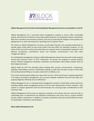 InBlock Management Ltd Provides Outstanding Block Management Services to Leaseholders in the UK