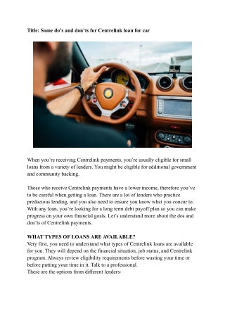 Some do’s and don’ts for Centrelink loan for car