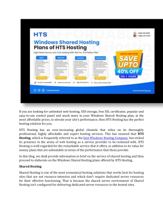 Windows Shared Hosting Plans of HTS Hosting