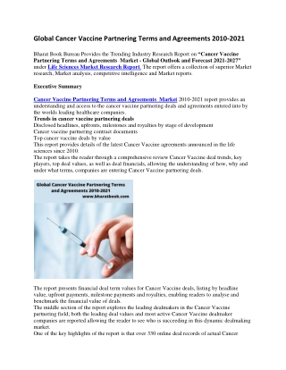 Global Cancer Vaccine Partnering Terms and Agreements 2010