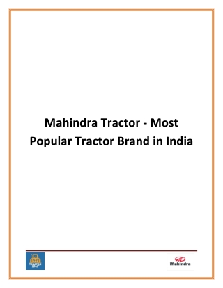 Mahindra Tractor Models In India With Innovative Features
