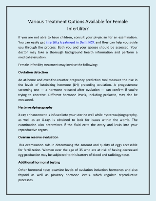 Various Treatment Options Available for Female Infertility?