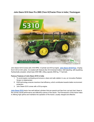 New John Deere 5310 Gear Pro 2WD (Trem IV)Tractor Price in India | Tractorgyan