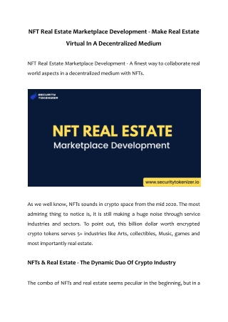 NFT Real Estate Marketplace Development - Make Real Estate Virtual In A Decentralized Medium