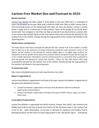 Lactose Free Market Size and Forecast to 2026