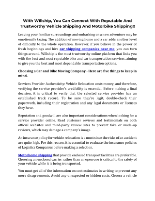 With Willship You Can Connect With Reputable And Trustworthy Vehicle Shipping And Motorbike Shipping